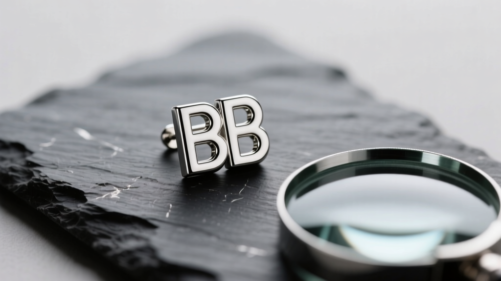 Macro shot of a silver-tone Balenciaga BB logo stud earring resting on dark slate, with a jeweler's loupe partially in frame.