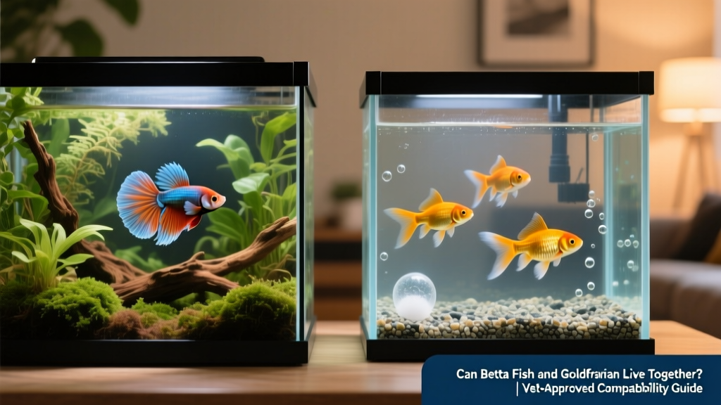 Two well-maintained, species-appropriate aquariums—one with a single betta among lush plants, another with three goldfish in a spacious, filtered tank