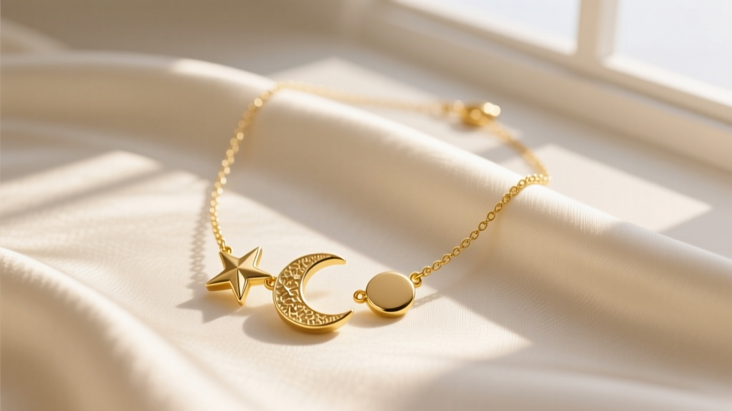 Flat lay of a 14k yellow gold star moon necklace on cream silk, soft morning light highlighting the textured celestial charms.