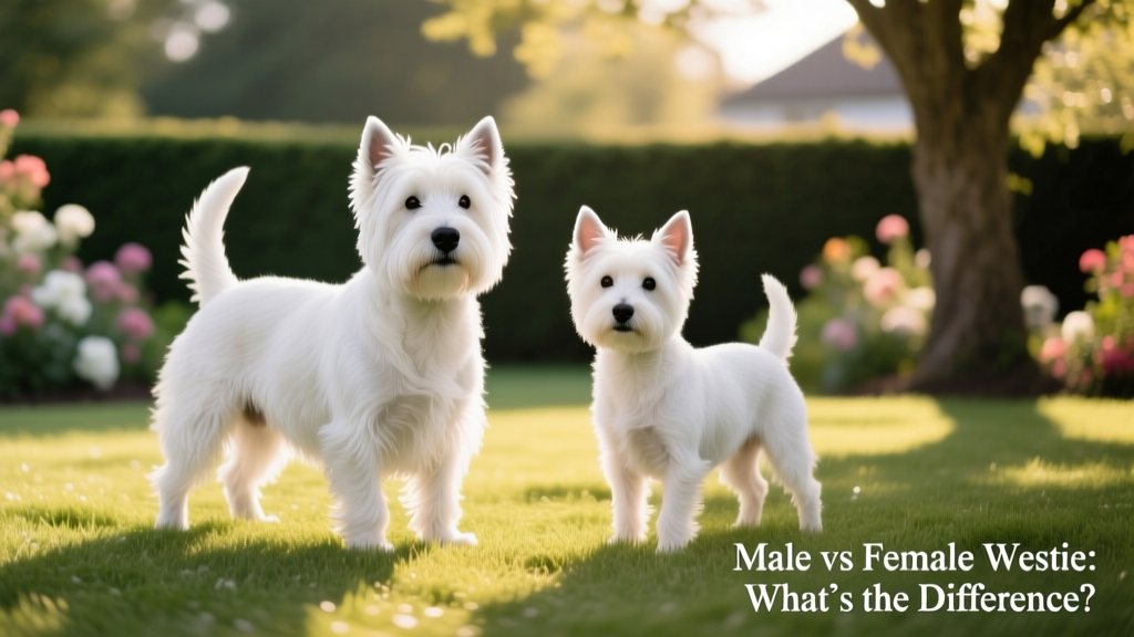 Side-by-side comparison of a male and female Westie standing confidently on grass, highlighting subtle size and posture differences
