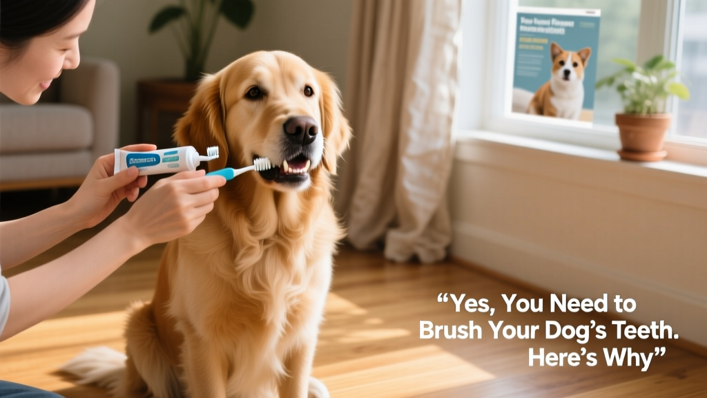 Dog calmly sitting while owner gently brushes their teeth with a canine toothbrush and pet-safe toothpaste