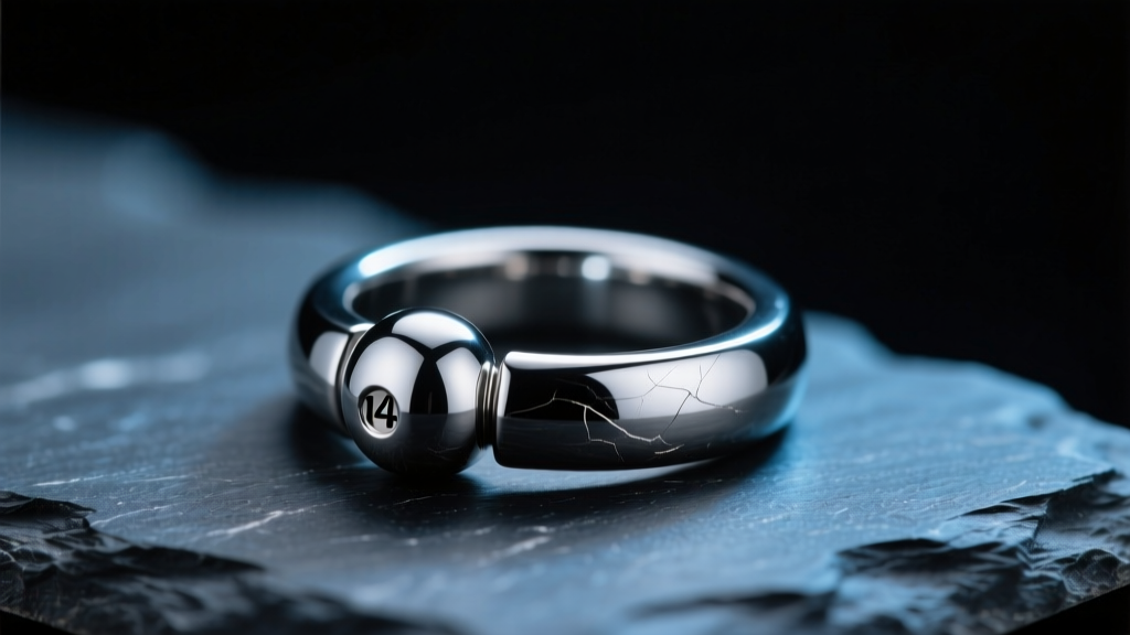 Macro shot of a 14-gauge implant-grade titanium captive ball ring on dark slate, highlighted by soft directional studio lighting