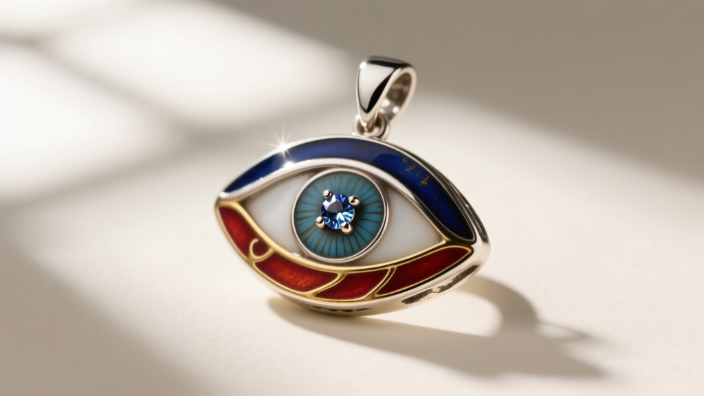Macro photography of an oxidized 925 sterling silver evil eye pendant with intricate enamel detailing and a tiny bezel-set sapphire