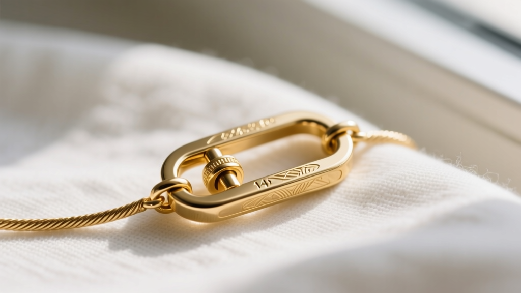 Macro shot of a 14k gold breakaway safety clasp on a delicate 0.9mm cable chain, resting on a soft white linen cloth background