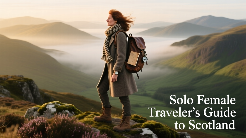 Solo female traveler standing atop a misty Highland ridge, looking out over layered mountains and valleys below