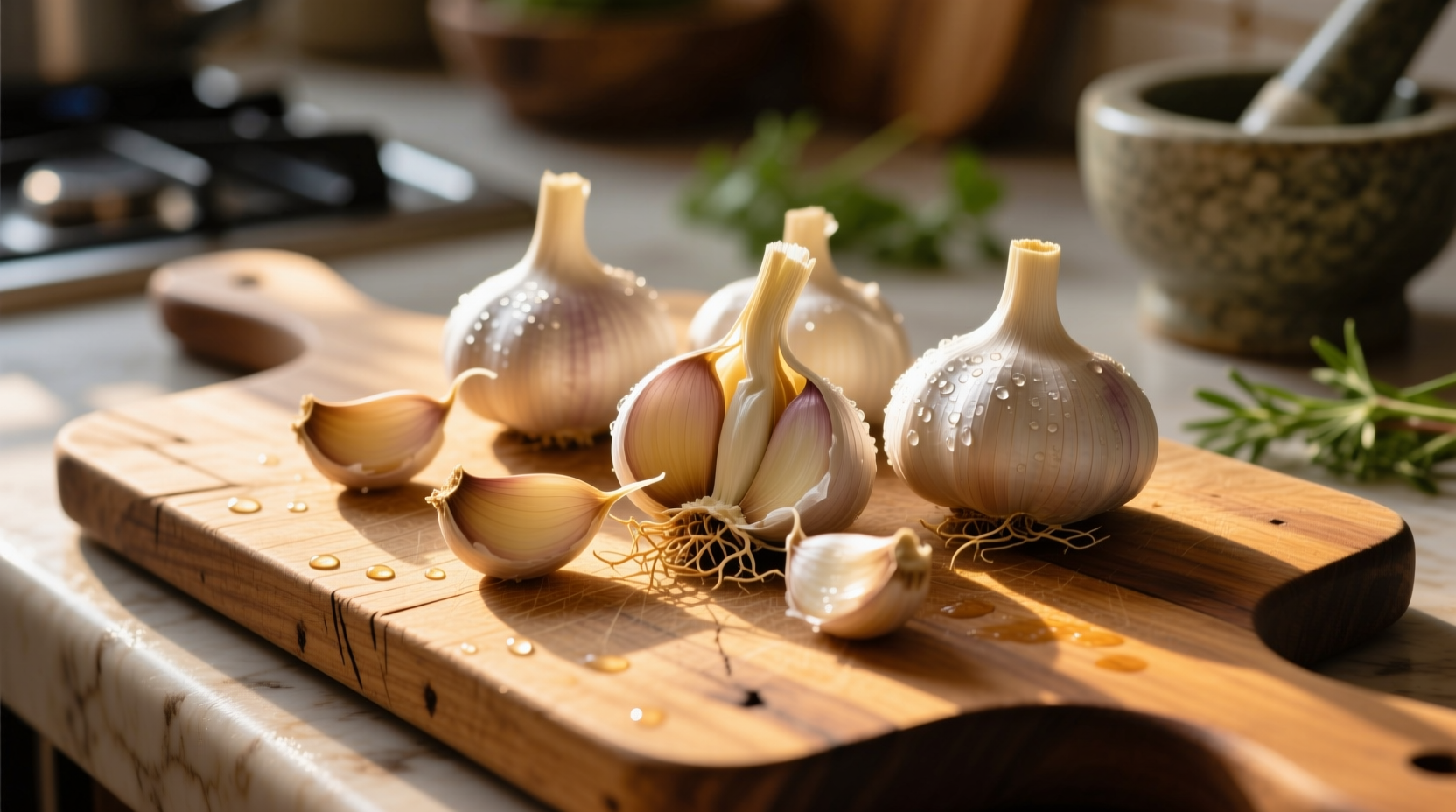 Fresh garlic cloves on wooden cutting board
