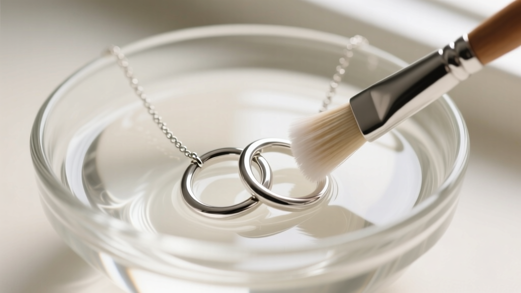 Soft brush cleaning the intersecting crevices of a sterling silver three circle necklace in a glass bowl of mild jewelry soap