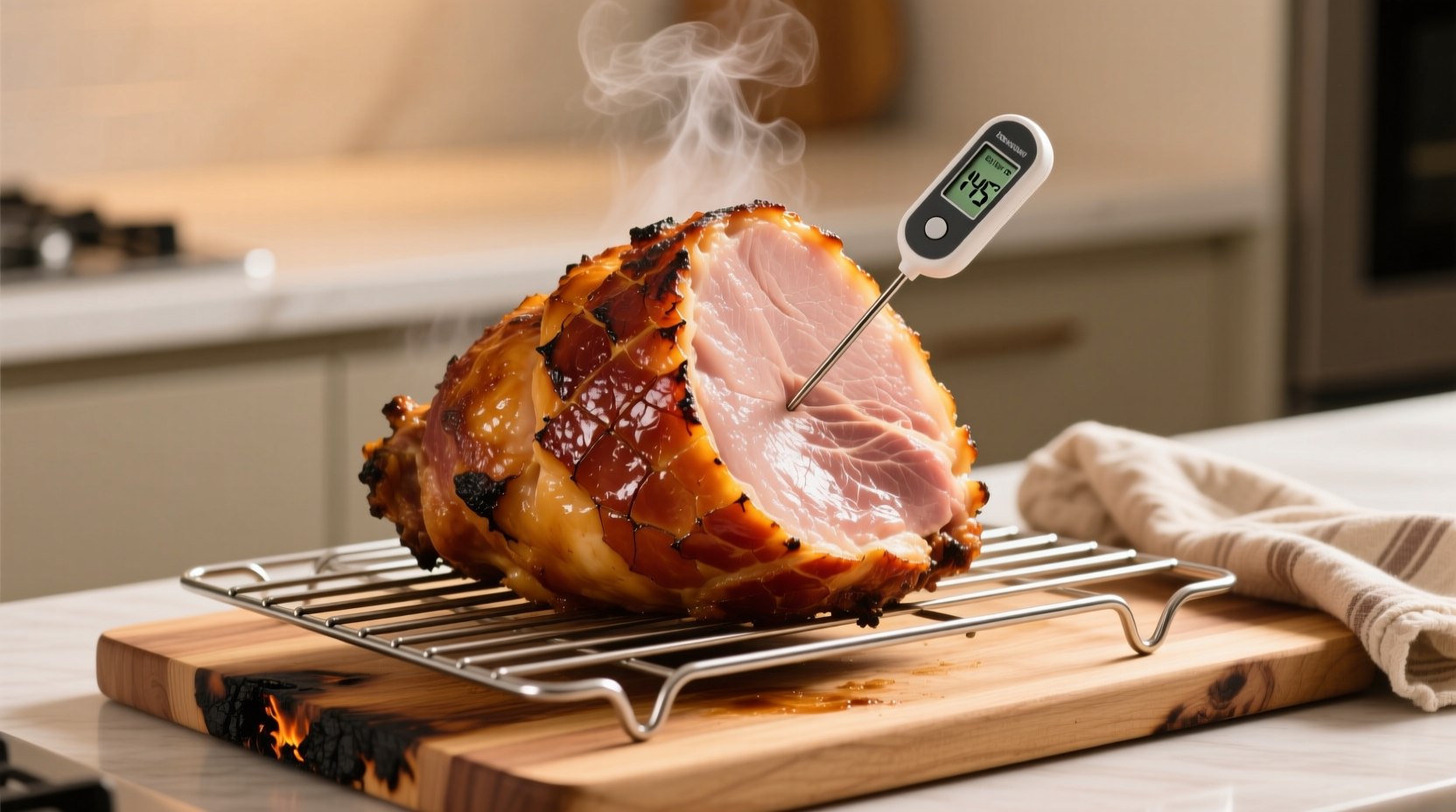 9lb ham on roasting rack with thermometer