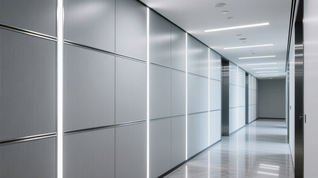 Commercial hallway walls finished with durable light gray vinyl covered gypsum board panels and aluminum trim accents under bright LED lighting