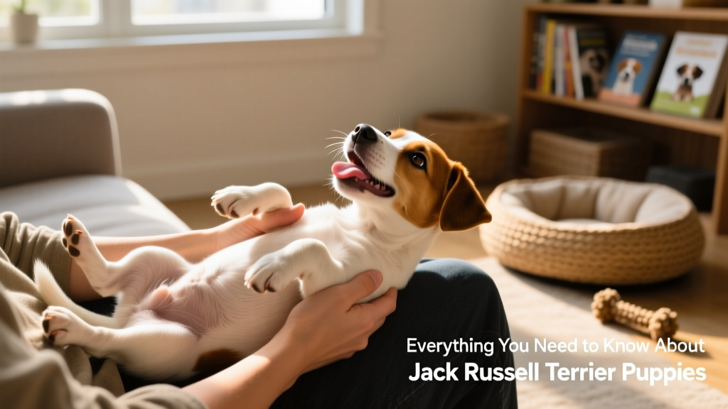 A playful Jack Russell puppy lying on its back on a person's lap, with gentle hands cradling it