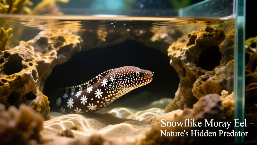 Well-structured saltwater aquarium with rock caves, a snowflake eel partially visible inside one opening