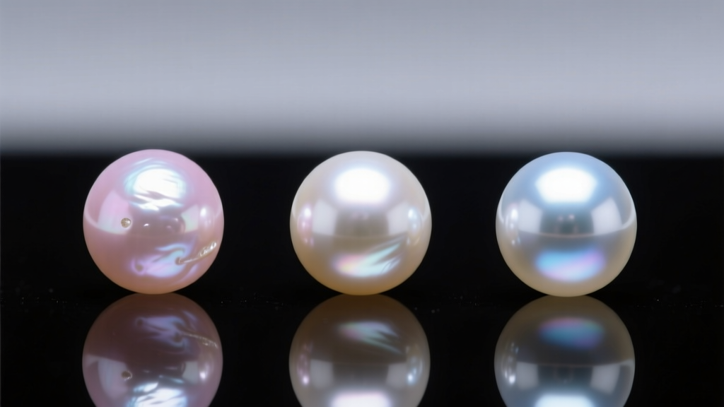 Macro view of three pearl grades: blemished freshwater, mid-tier Akoya, and flawless Hanadama reflecting sharp studio light