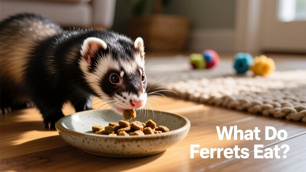 Close-up of a ferret eating small pieces of high-protein kibble from a shallow ceramic dish