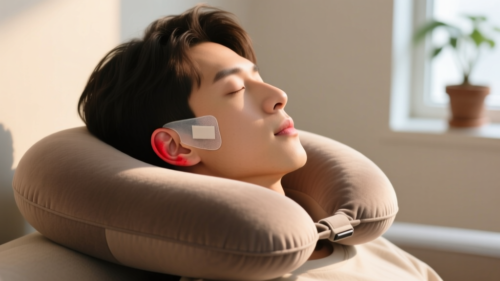 Side view of a person sleeping on a U-shaped travel pillow, protecting a healing left ear from friction and sleep compression.