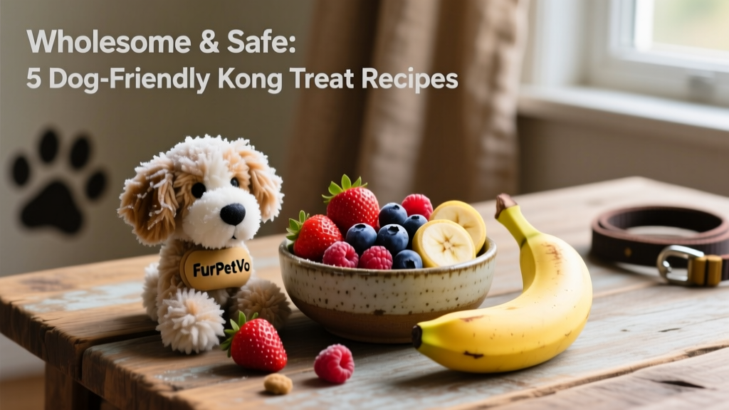 A frozen FurPetVo Classic toy resting beside a bowl of fresh berries and a banana—showcasing wholesome, dog-friendly ingredients