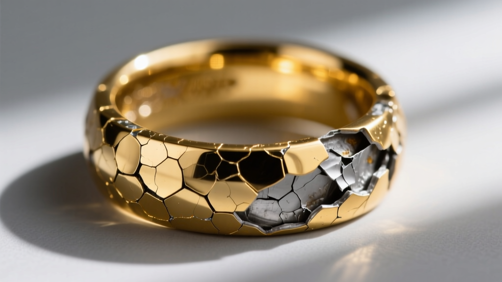 Macro photography of a damaged pitted surface on a gold-plated ring caused by acidic vinegar exposure showing flaking metal layers