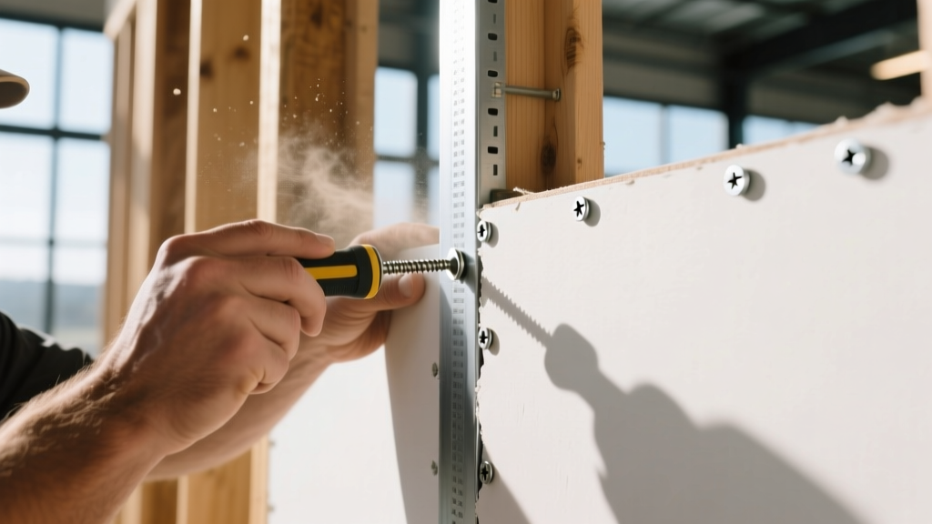 Close-up of a contractor installing 5/8-inch Type X gypsum board over steel studs using self-drilling screws in a commercial framing site