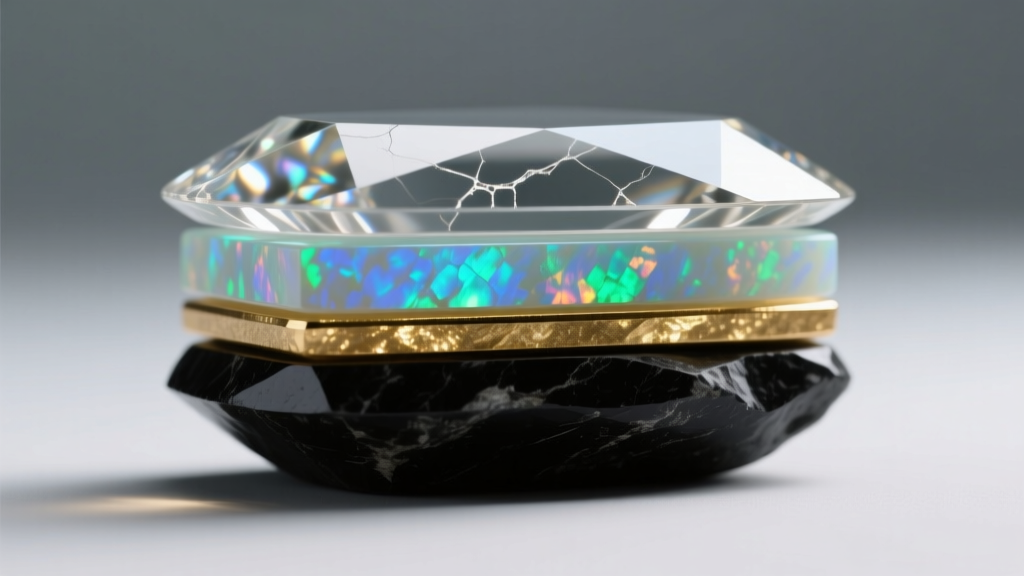 Macro photo of an opal triplet side-profile showing distinct layers: a clear quartz cap, thin opal slice, and dark stone backing.