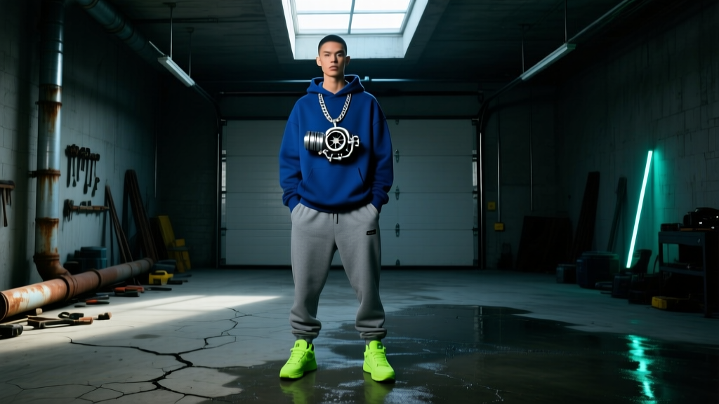 Streetwear model wearing a layered turbocharger pendant and silver Franco chain against a dark, moody garage backdrop.