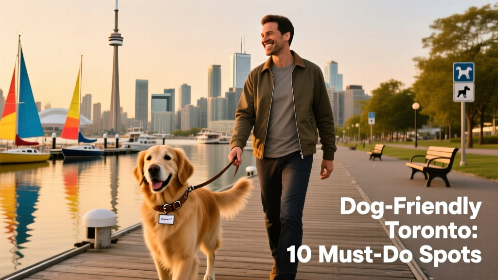 A dog and their person strolling along Toronto’s vibrant harbor waterfront, with boats and skyline in view.