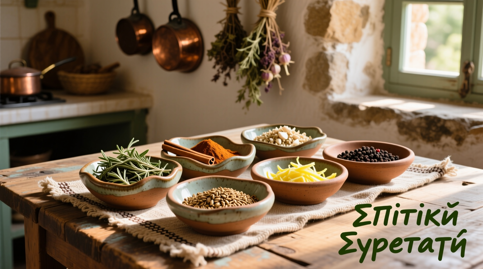 Traditional Greek spice blend ingredients in ceramic bowls