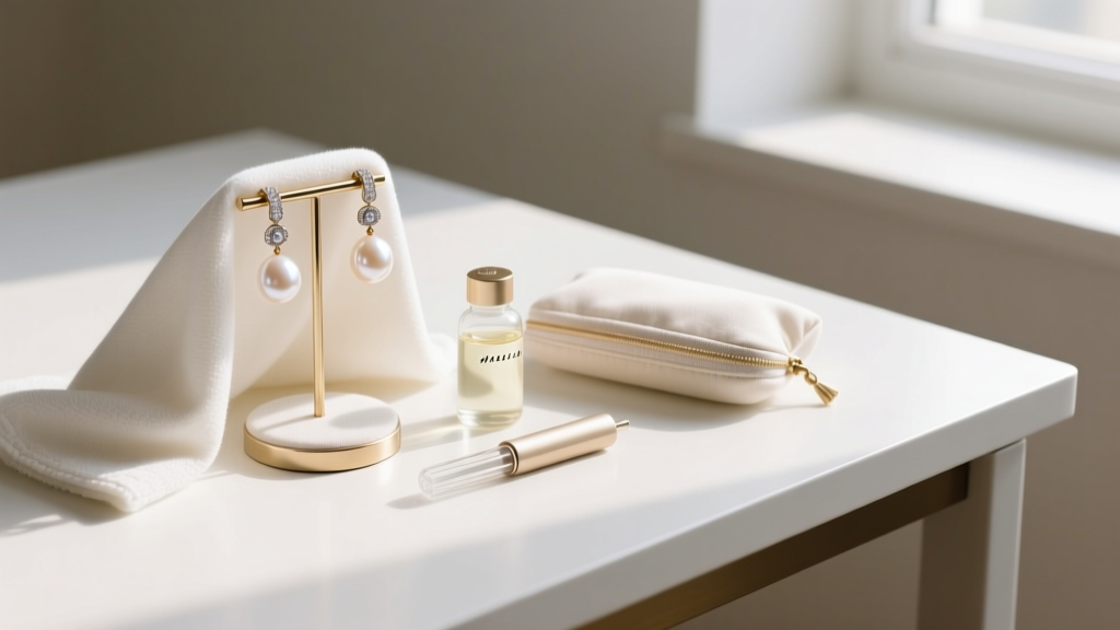 Flat lay of jewelry care kit beside white gold and pearl drop earrings, featuring a polishing cloth and mild soap, bright desk