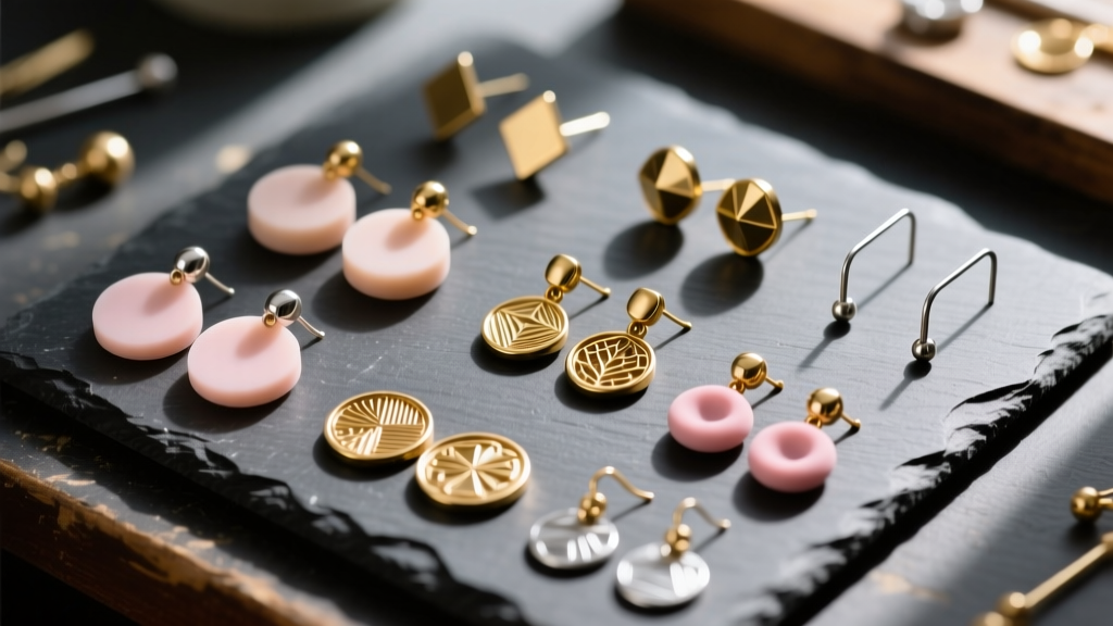 Flat lay of assorted DIY clip on earring findings, silicone comfort pads, and brass stampings on a dark slate jewelry workbench