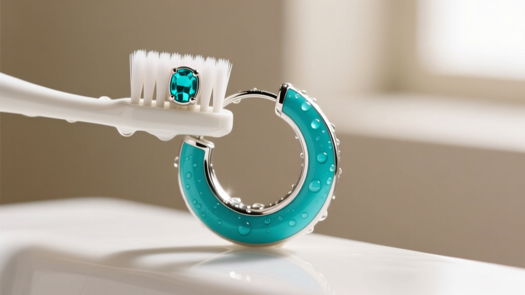 Soft toothbrush cleaning the silver backing of a turquoise hoop earring with soapy water while carefully avoiding the stone