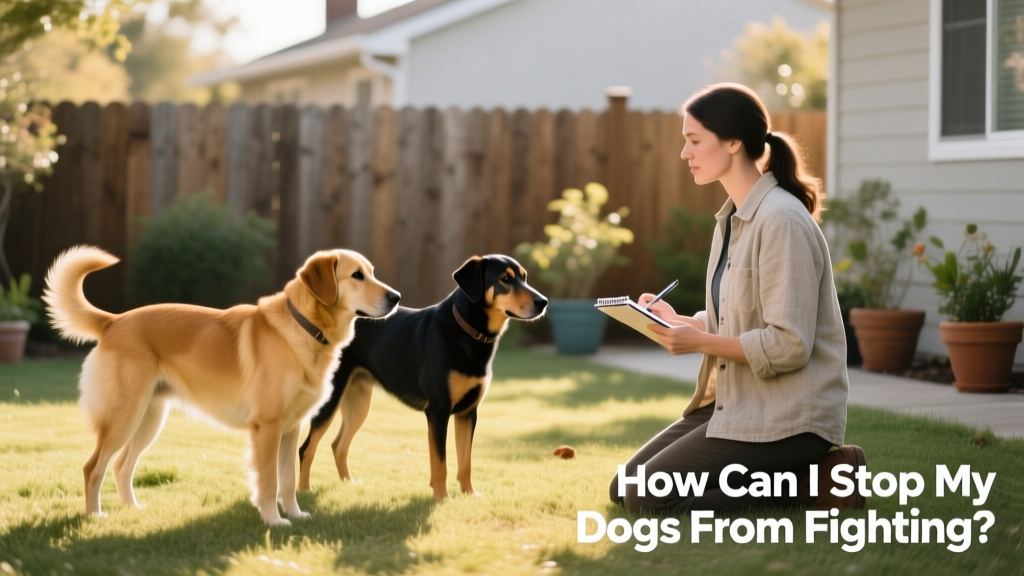 A certified dog behaviorist calmly observing two dogs during a supervised, low-stress introduction session in a neutral outdoor space