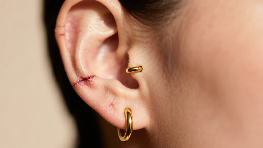Close-up of a healed earlobe wearing a thick 16-gauge solid gold clicker hoop, highlighting healthy tissue and zero migration