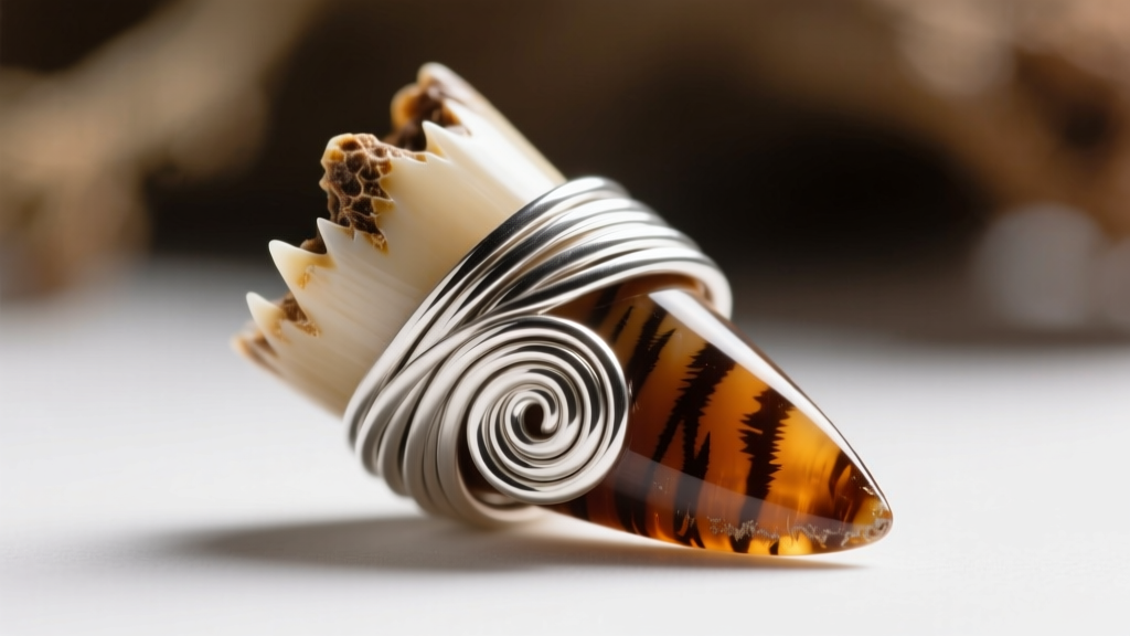 Macro shot of 18-gauge silver wire wrapped around a tiger shark tooth base, showing detailed loops and metallic texture.
