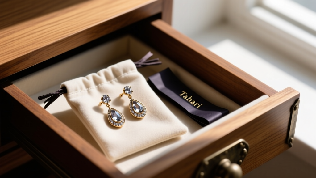 Tahari stud and drop earrings stored in microfiber pouches inside a wooden drawer, placed next to dark anti-tarnish paper strips.