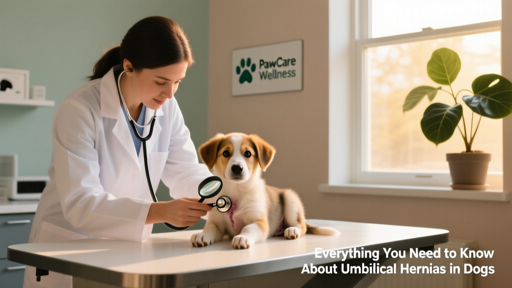 Veterinarian examining a puppy's umbilical area during a routine wellness check