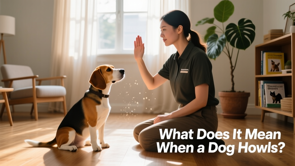 A trainer calmly giving a 'quiet' hand signal to a seated beagle in a home setting