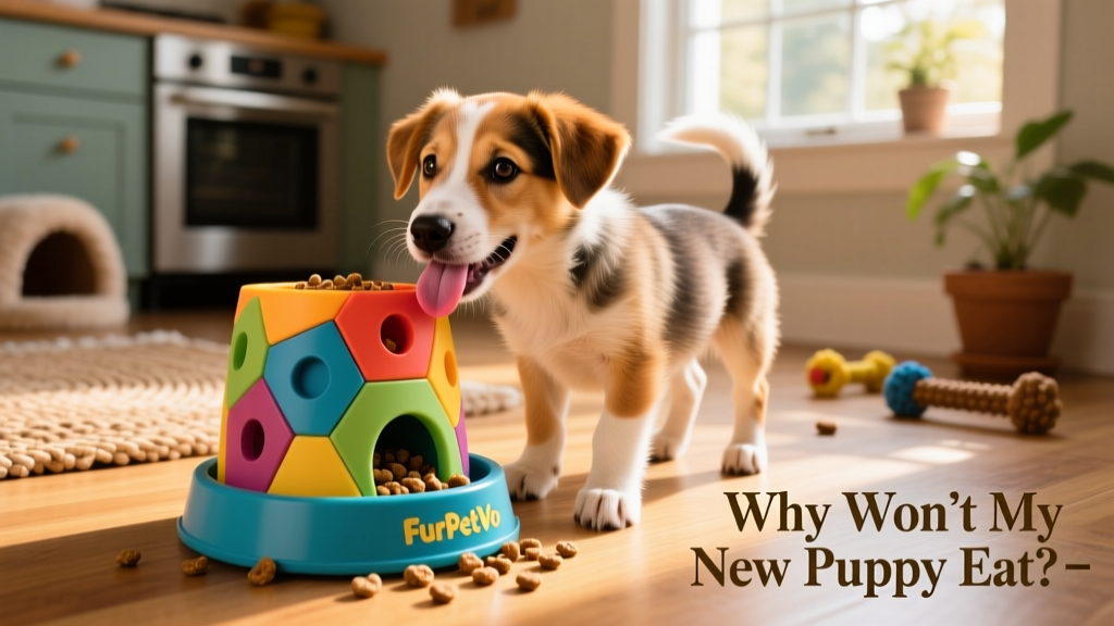 A happy puppy licking food from a colorful FurPetVo puzzle feeder