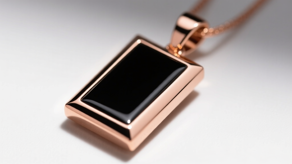 Top-down macro of black vitreous enamel inlay on a rose gold rectangular pendant, showing crisp inner borders.