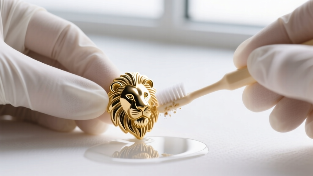 Hands in nitrile gloves gently cleaning a gold vermeil animal motif stud with a soft baby toothbrush and pH-neutral soapy water.