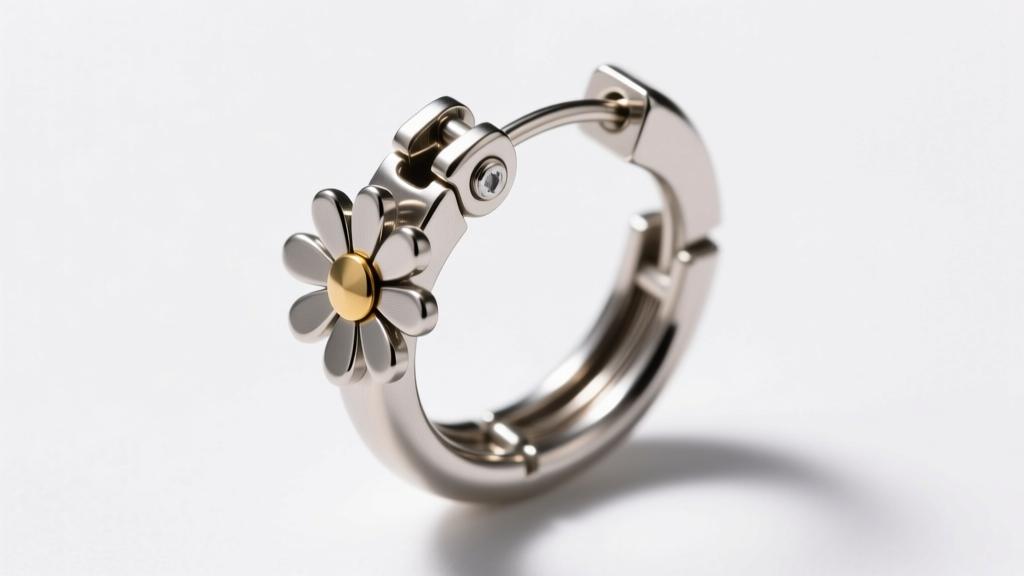 Technical diagram style photo showing the hinge and clicker closure mechanism of a 16-gauge titanium cartilage daisy hoop earring