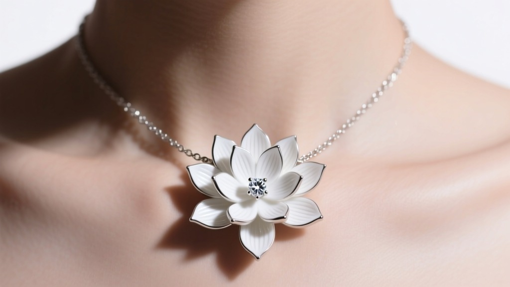 Macro shot of a sterling silver lotus floral necklace with white enamel petals and a small bezel-set diamond on a collarbone