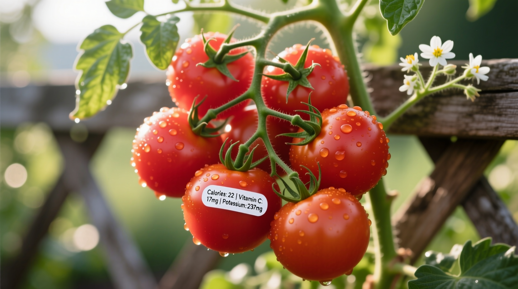 Fresh red tomatoes on vine with nutritional labels