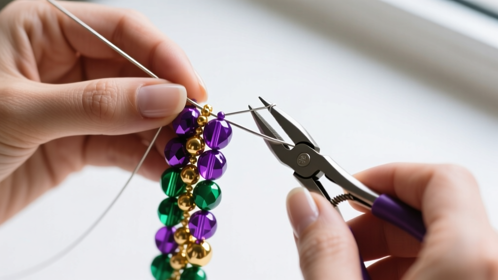 Close-up of hands using jewelry pliers to restring vibrant purple, green, and gold plastic beads onto a steel beading wire.