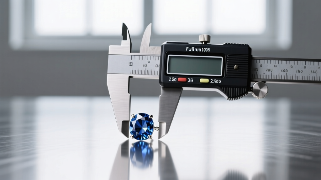 Digital calipers measuring the 2.5mm gem of a small silver stud earring on a sterile steel studio countertop