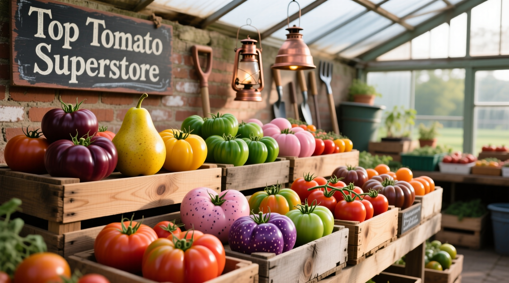 Top Tomato Superstore's heirloom tomato display with various colors and shapes