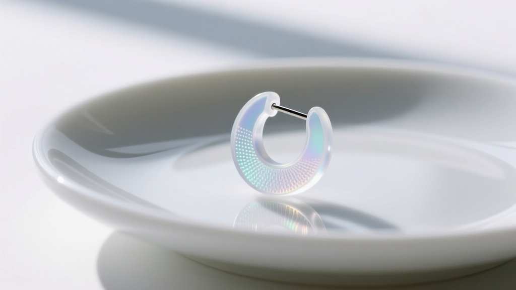 Macro shot of a translucent medical-grade silicone earring back resting on a clean white ceramic dish under soft studio lighting