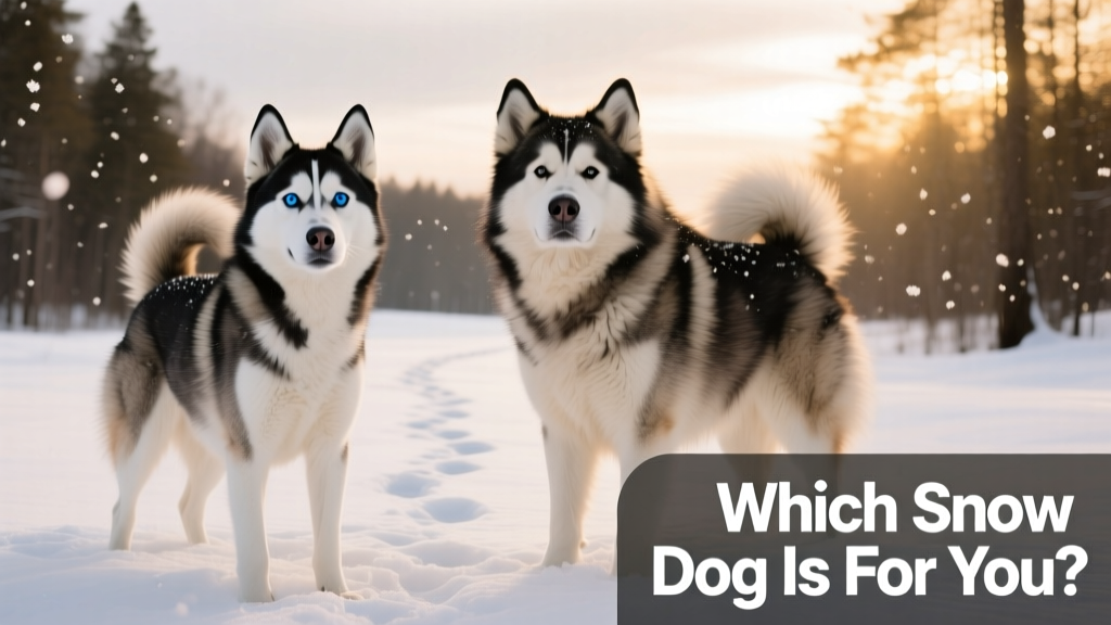 Side-by-side comparison of a Siberian Husky and an Alaskan Malamute standing in snow