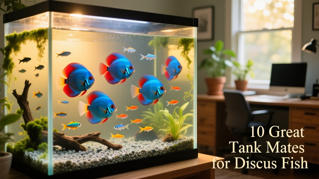 A serene aquarium featuring vibrant discus fish swimming alongside small, peaceful schooling fish
