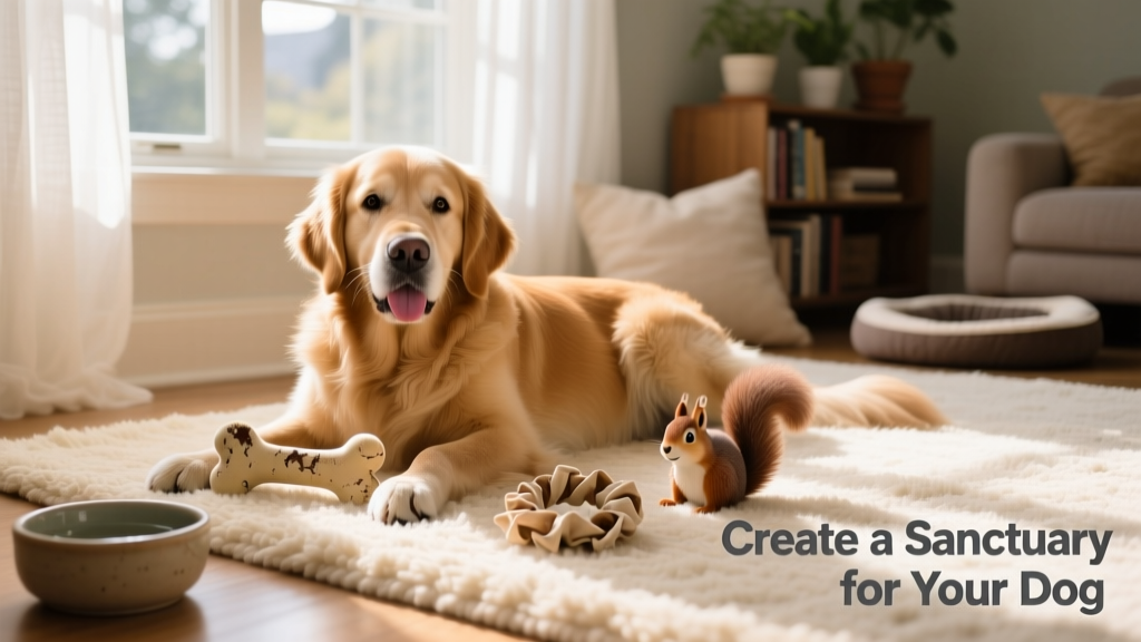 A happy, relaxed dog lounging on a rug near a sunny window, surrounded by familiar toys and a water bowl