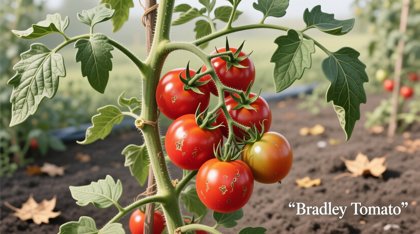 Bradley tomato plant with ripe red fruits on vine