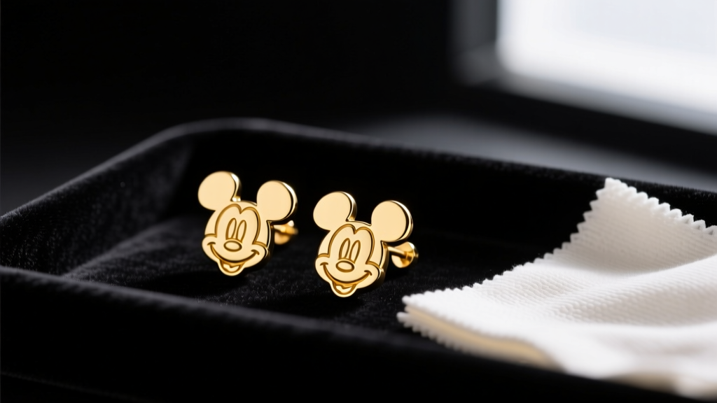 Close-up of gold-plated Minnie Mouse silhouette stud earrings resting on a black velvet tray next to a microfiber polishing cloth.