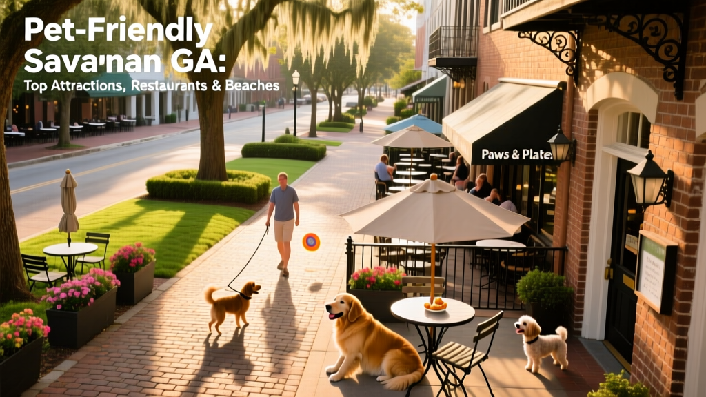 Aerial view of a bustling downtown Savannah street with outdoor dining and green spaces